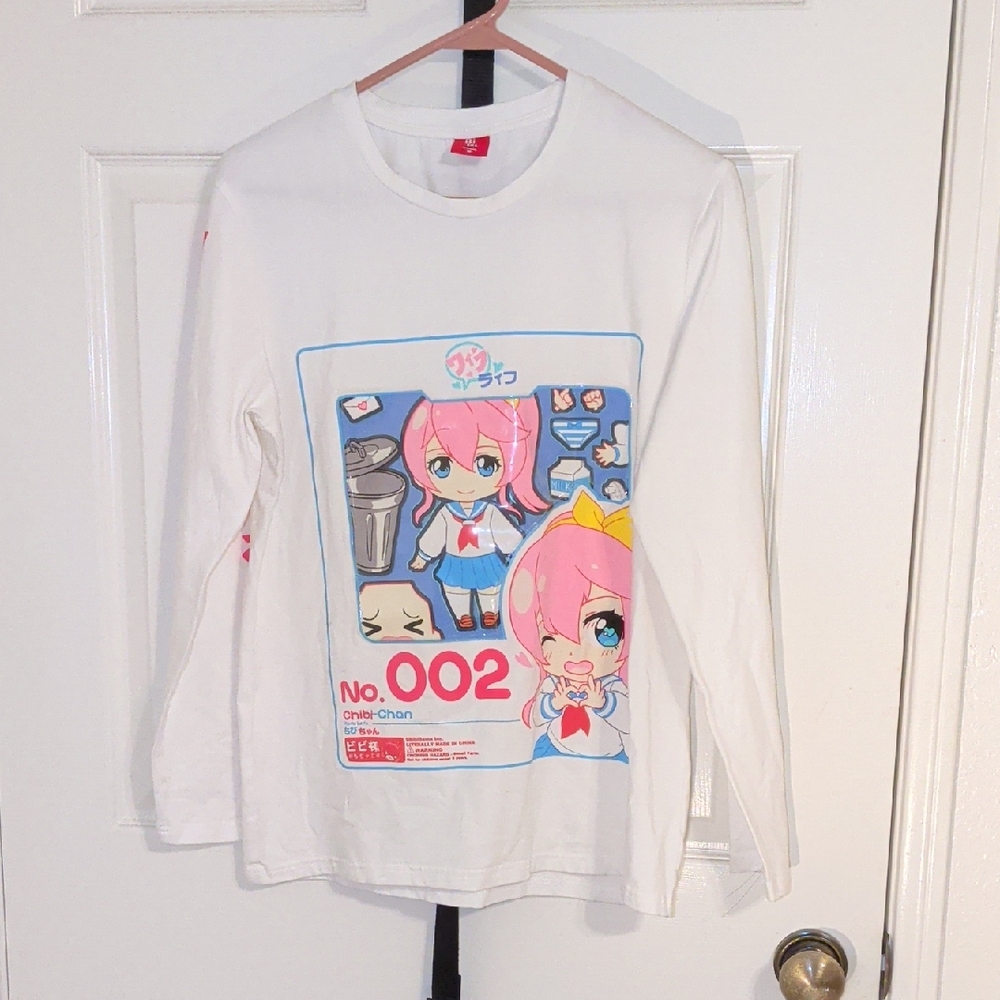 BiBi White Long-Sleeve Anime Graphic Tee with Pink Characters and Blue Accents